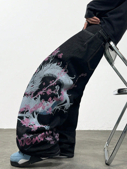 Y2K Dragon Print Wide-Leg Denim Jeans