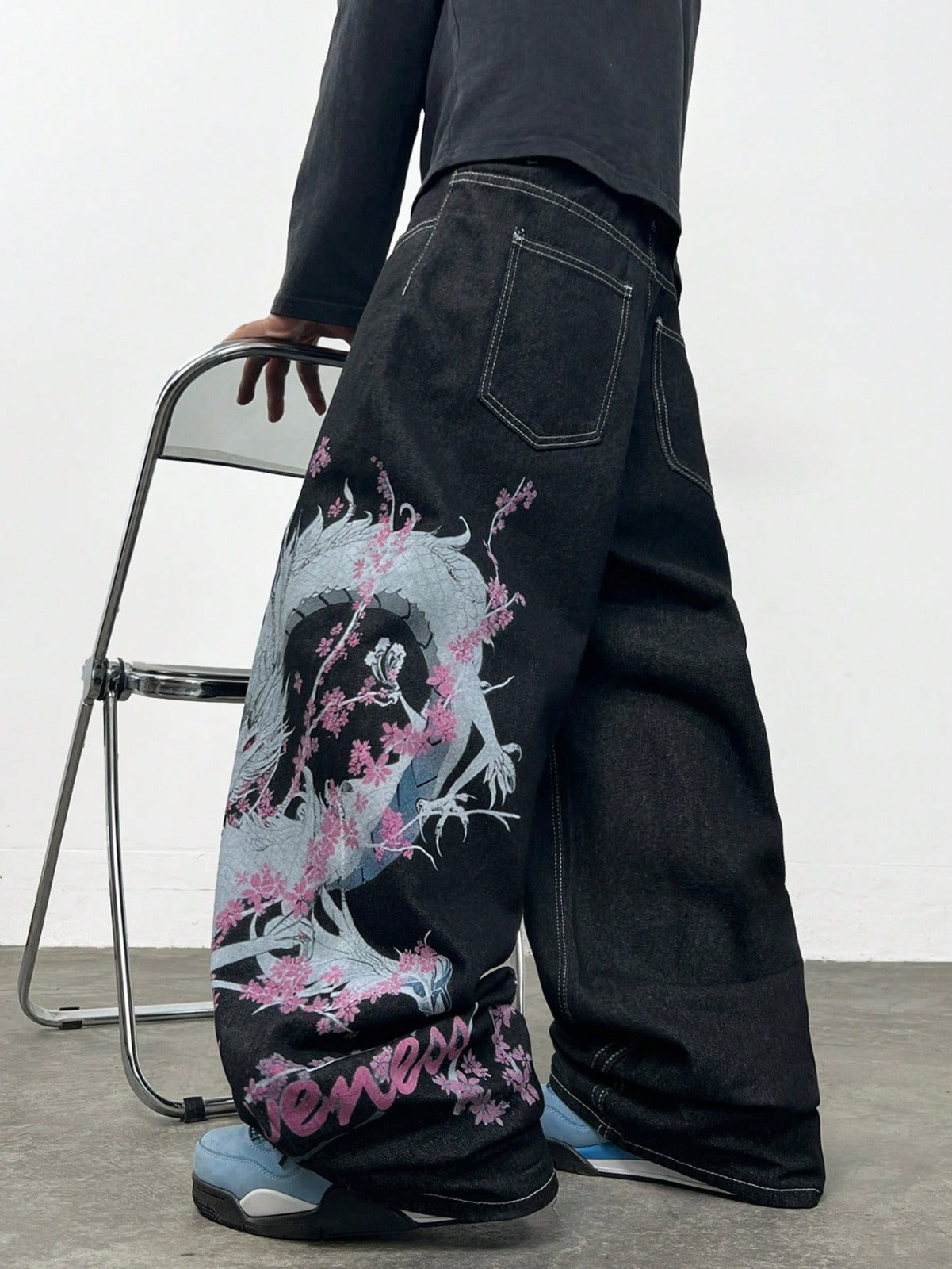 Y2K Dragon Print Wide-Leg Denim Jeans