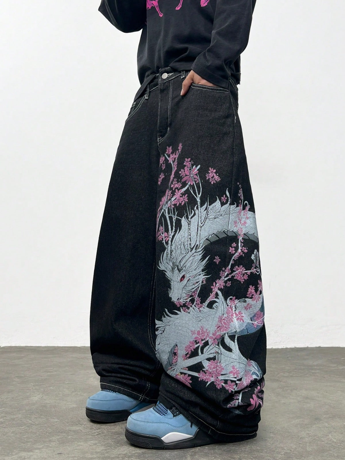Y2K Dragon Print Wide-Leg Denim Jeans
