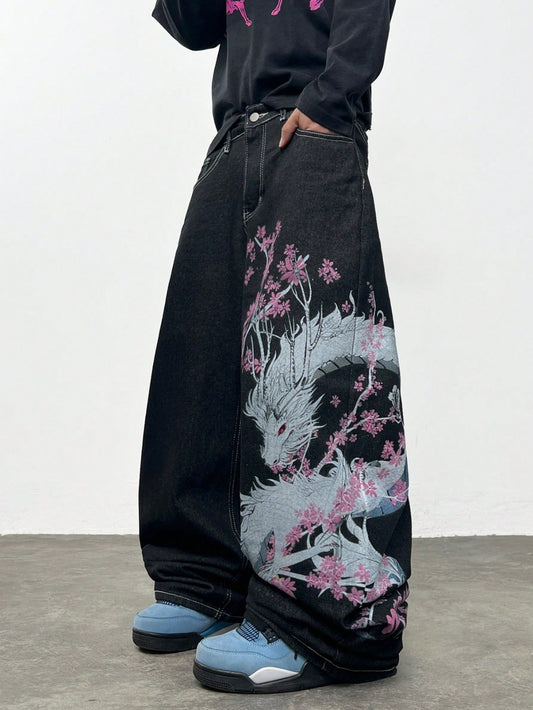 Y2K Dragon Print Wide-Leg Denim Jeans