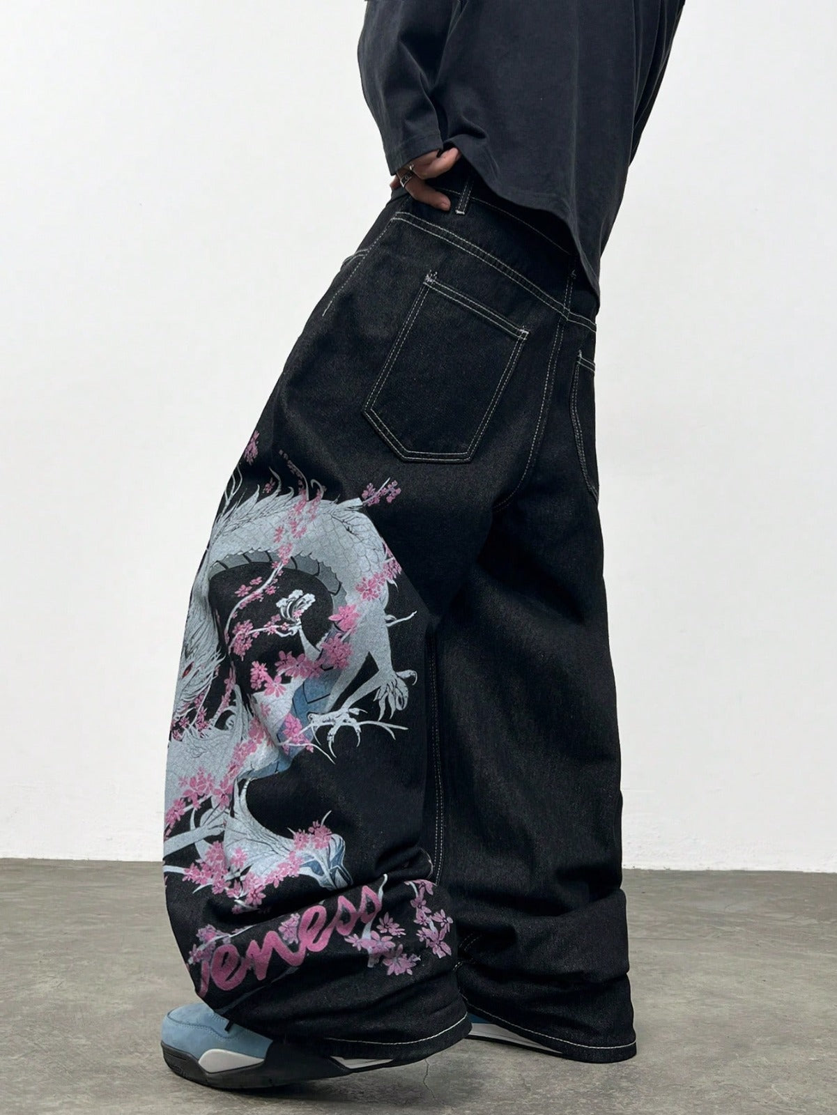 Y2K Dragon Print Wide-Leg Denim Jeans