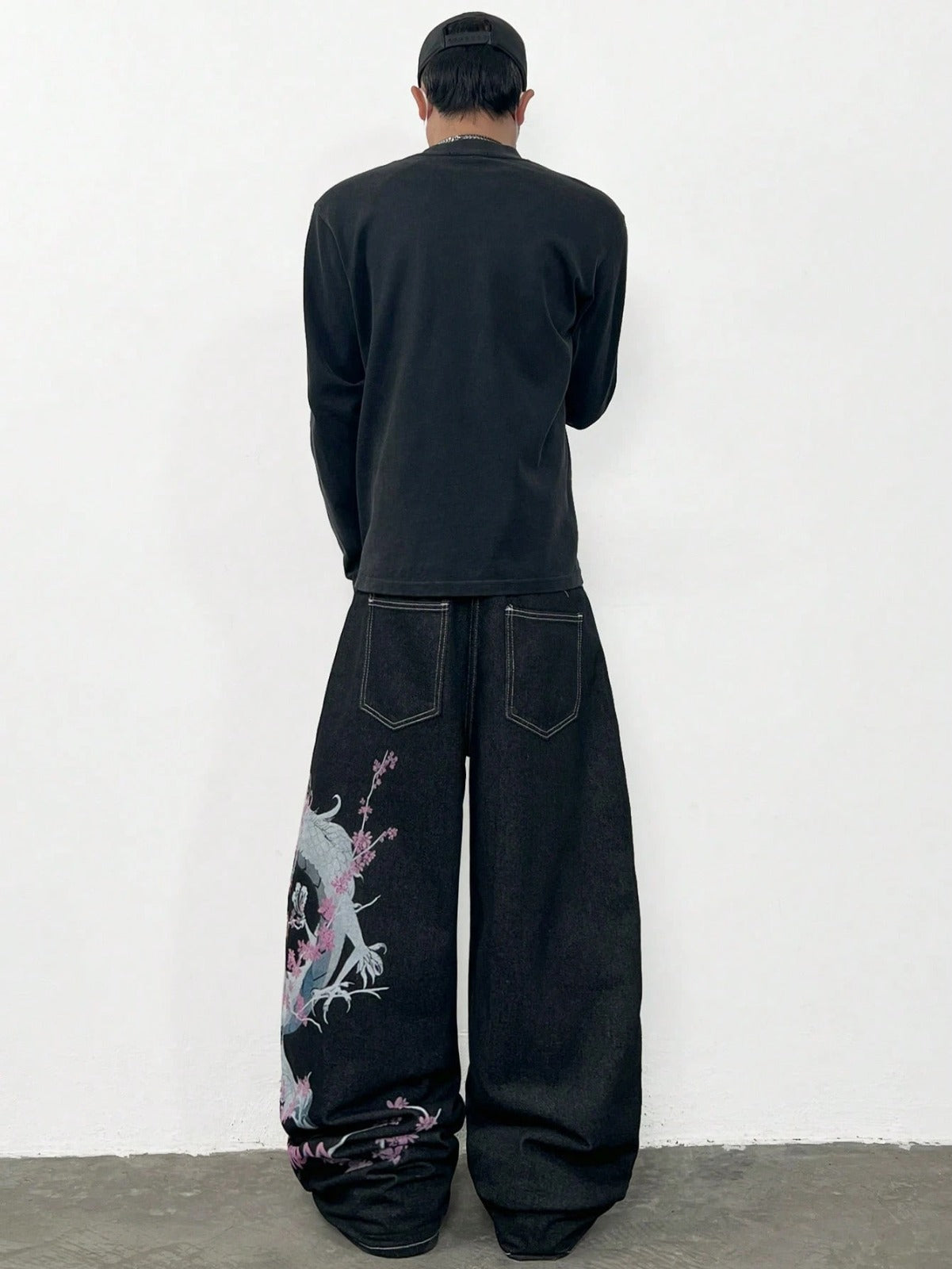 Y2K Dragon Print Wide-Leg Denim Jeans