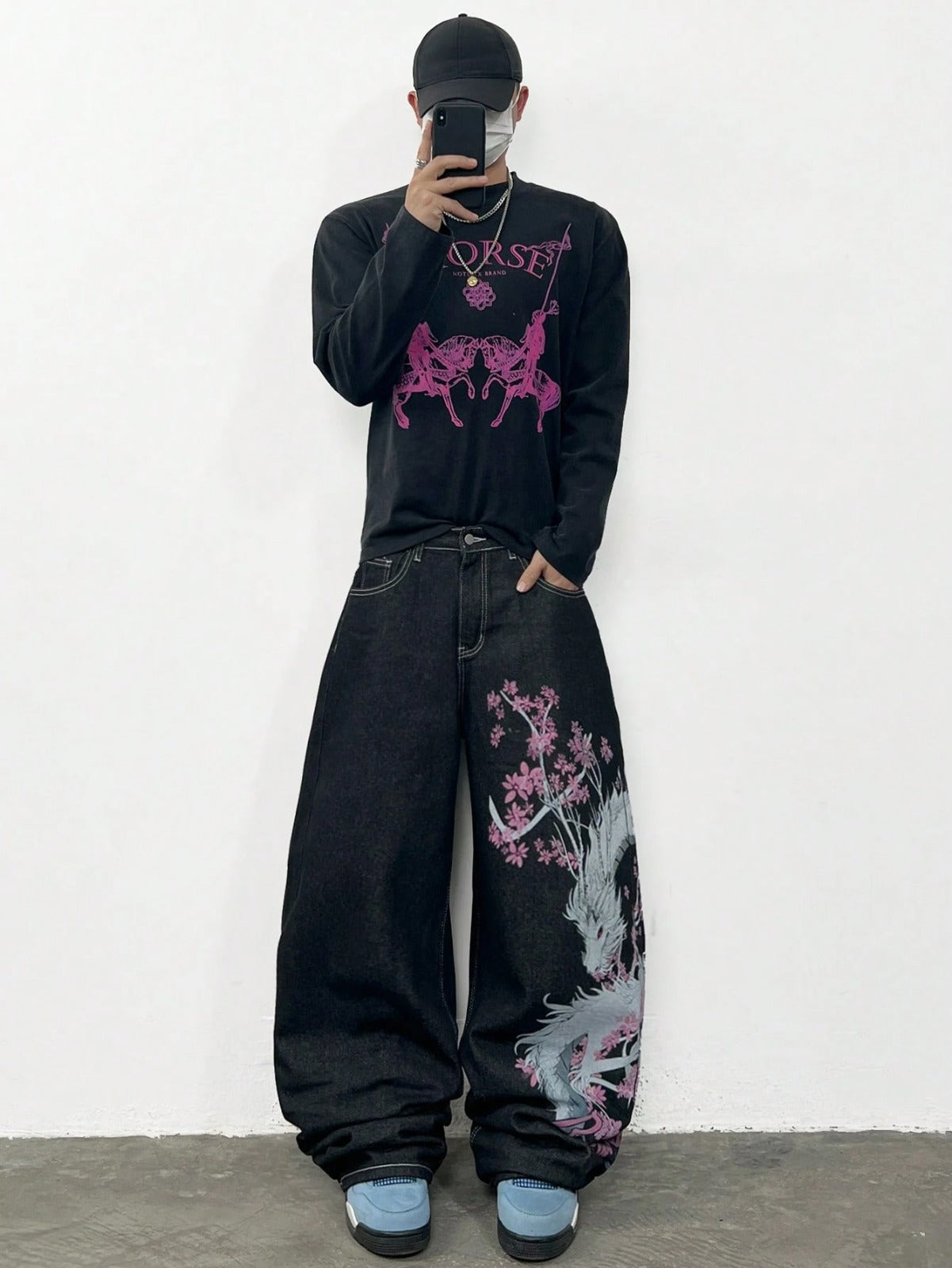 Y2K Dragon Print Wide-Leg Denim Jeans