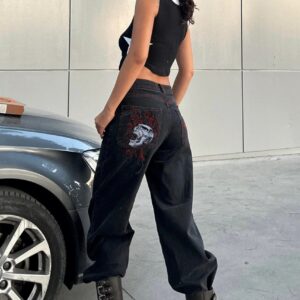 Y2K Red Skull Pattern Washed Baggy Jeans