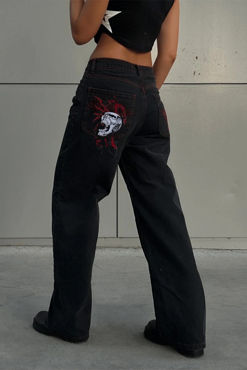 Y2K Red Skull Pattern Washed Baggy Jeans - Image 2