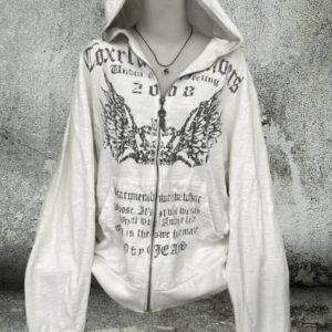 Gray Melange Crown Wings Gothic Y2K Hooded Unisex Sweatshirt